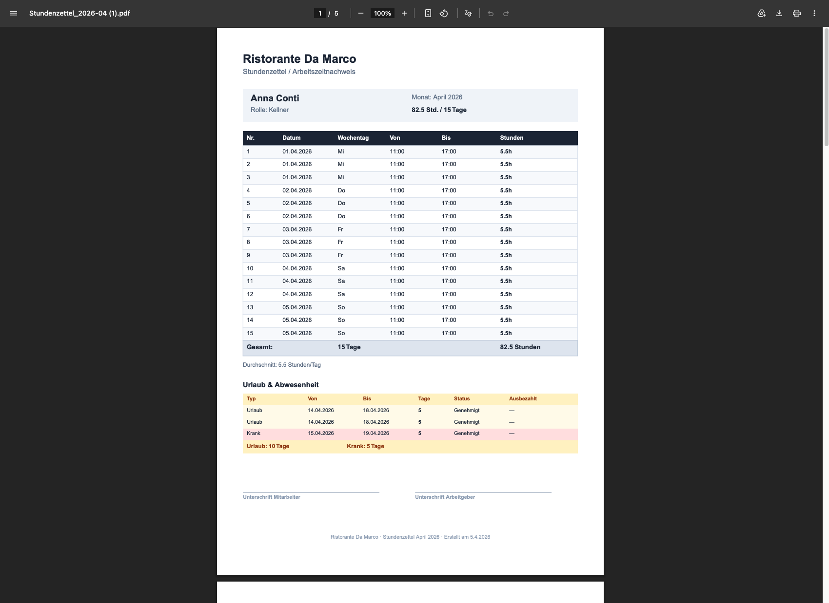 Gastropilot Stunden — PDF-Bericht